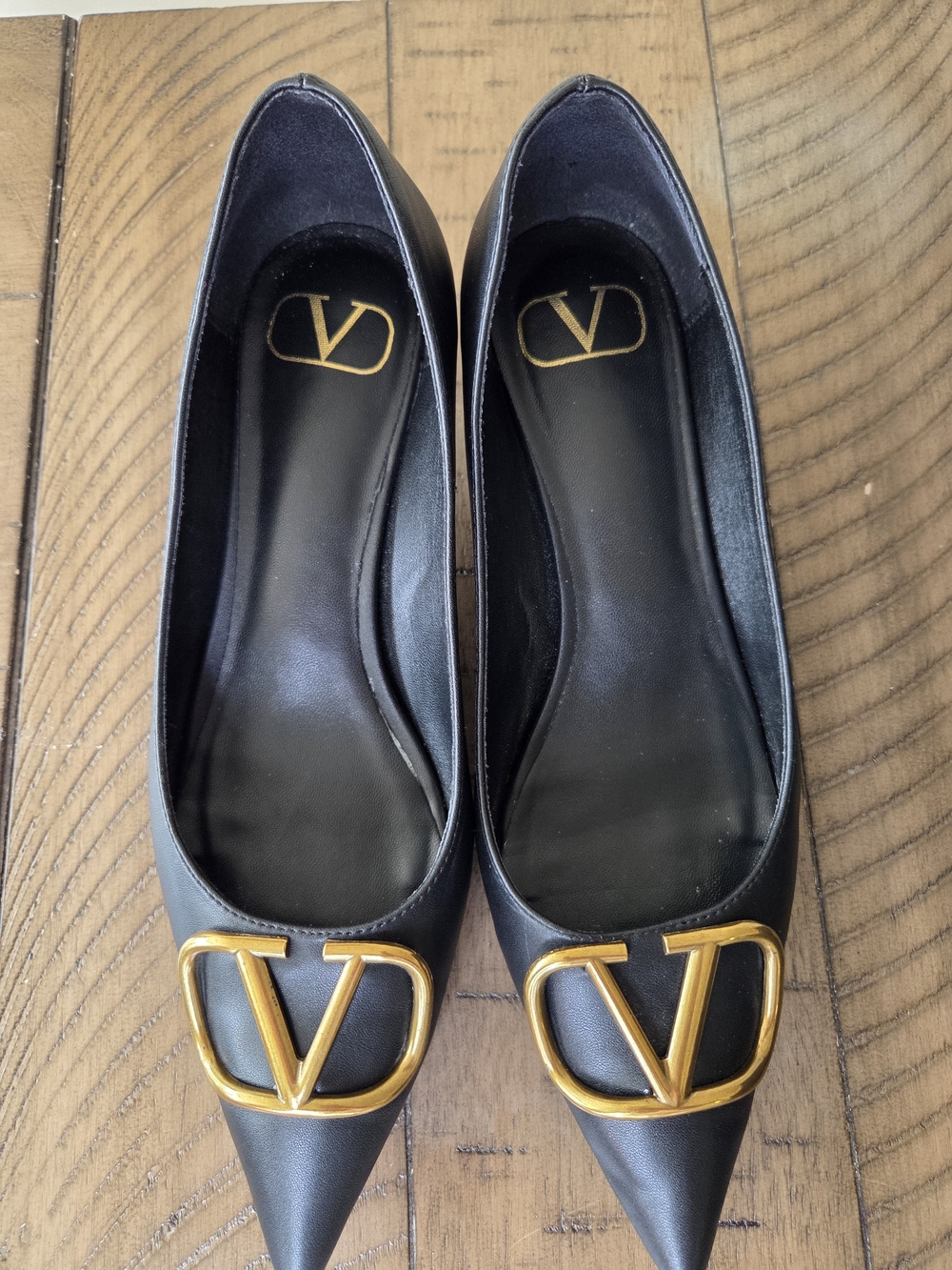 Valentino Black Leather Pointed-Toe Flats with Gold V Logo - Picture 2 of 5